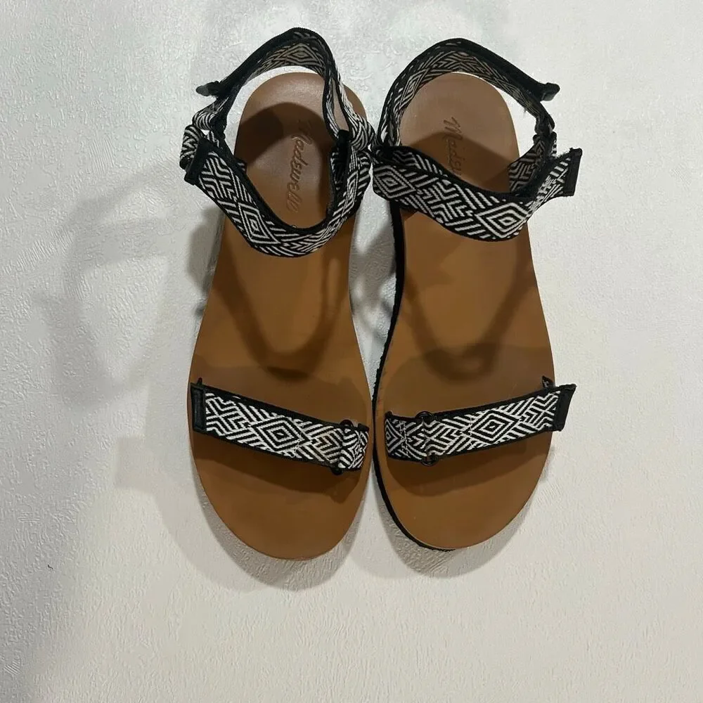 Madewell Black & White Geometric Strap Sandals Size 8.5 Boho Tribal Flat Sandals